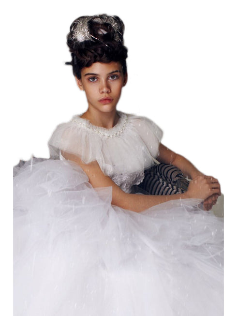 Petite Adele Big Girls Ivory Bead Trim Embellished Ruffle Gathered Cape OS - SophiasStyle.com